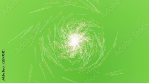 Abstract geometric pattern with white translucent shard shapes rotating on a vibrant green background surface