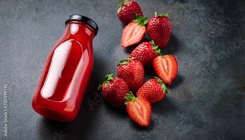 strawberry juice bottle with sliced strawberries on a dark stone background