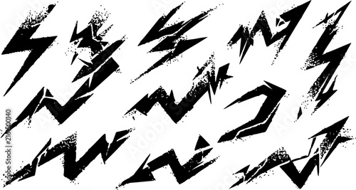 Dynamic lightning bolt vector collection featuring sharp jagged edges with distressed grunge textures for creative graphic design and artistic projects