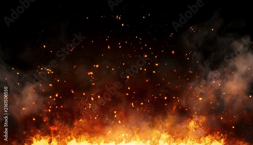 background with fire sparks embers and smoke overlay effect of burn coal grill hell or bonfire with flame glow flying orange sparkles and fog on black background