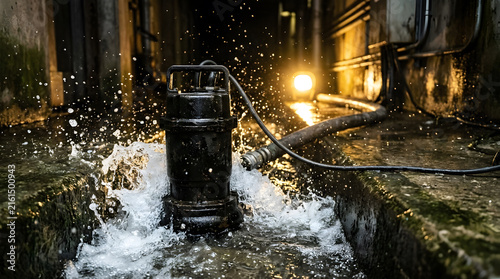 Heavy-Duty Submersible Water Pump Draining Flooded Basement | Industrial Submersible Sump Pump Operating in Water Stream | Emergency Water Pumping and Removal System in Action 