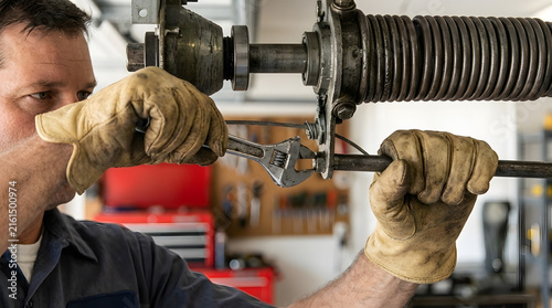 Professional Technician Repairing Heavy-Duty Garage Door Torsion Spring | Adjusting Garage Door Winding Cone with Wrench Tool | Overhead Garage Door Spring Tension Adjustment and Repair 