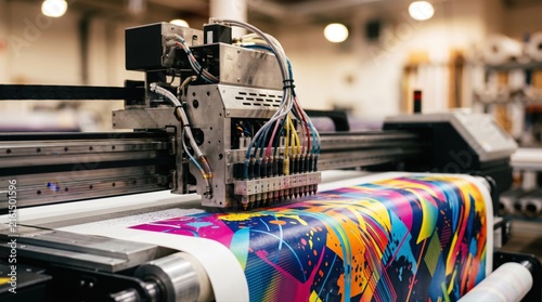 Vibrant Inkjet Printing Process in a Modern Print Shop with Colorful Graphic Design on Material Roll