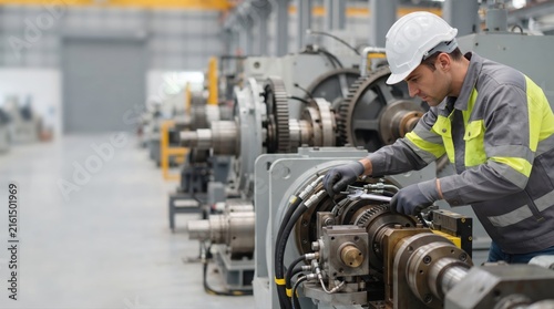 Skilled technician inspecting machinery in a modern industrial facility with safety gear focused on precision engineering and maintenance tasks
