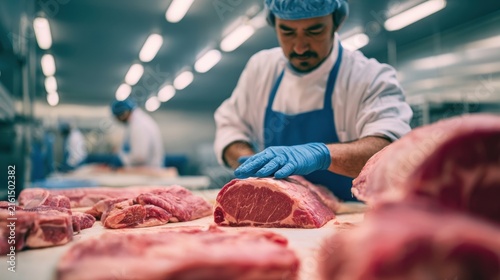 Professional butcher cutting fresh raw beef steak in meat processing factory or slaughterhouse facility.