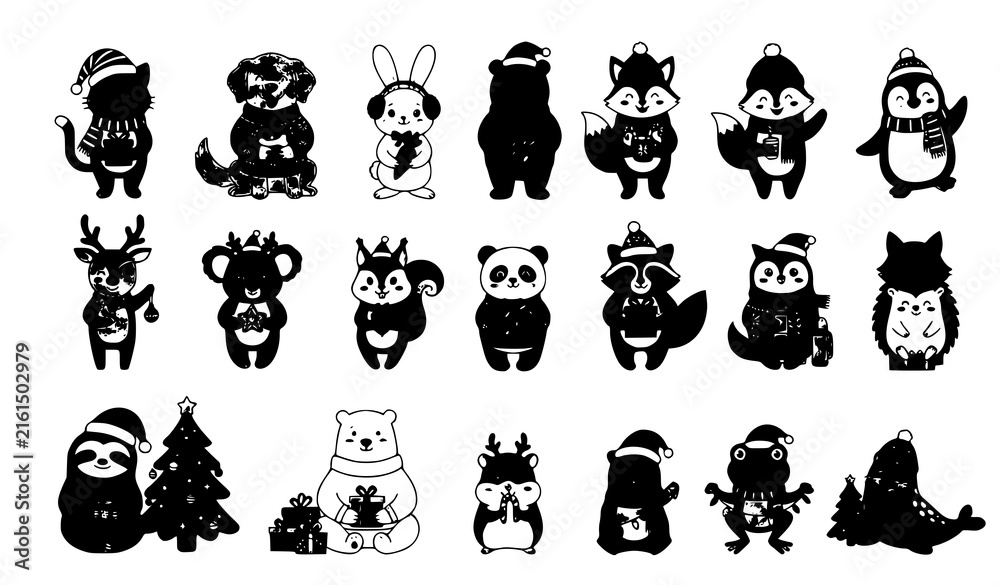 Naklejka premium Christmas Holiday Animal Silhouette Vector Set Featuring Cute Winter Forest Wildlife, Penguin, Reindeer, Bear, and Sloth with Santa Hats for Festive Festive Graphics