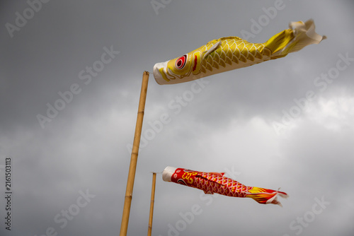Two koinobori (carp streamers) flying against a cloudy sky. Traditional Japanese decorations for Children's Day