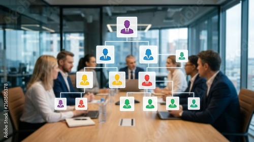 Business professionals in a meeting analyze data with an organizational chart displayed, illustrating team structure and reporting lines in a contemporary office setting.