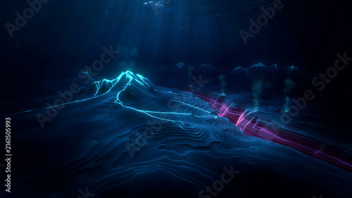 Underwater volcanic landscape with glowing magma flows and geothermal vents in deep dark blue ocean abyss
