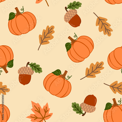 Cute autumn seamless pattern with pumpkins, acorns, oak leaves and maple leaves on warm cream background 