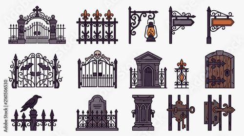 Gothic cemetery icon collection featuring wrought iron gates with bats and skulls, stone tombstones, a raven on a fence, vintage lanterns, mausoleum, and medieval wooden door vector illustrations.