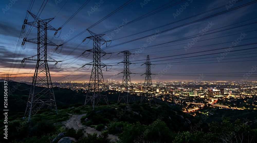 Fototapeta premium High voltage electrical transmission towers stand tall over Los Angeles city skyline at twilight with glowing sunset orange and blue hues providing reliable energy supply.