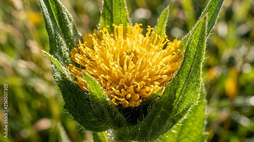 Ultra macro shot of luminous golden wild bloom florets framed by fresh emerald sepals under direct sun beams dandelion flower petal background yellow macro close up nature plant bloom blossom wild
