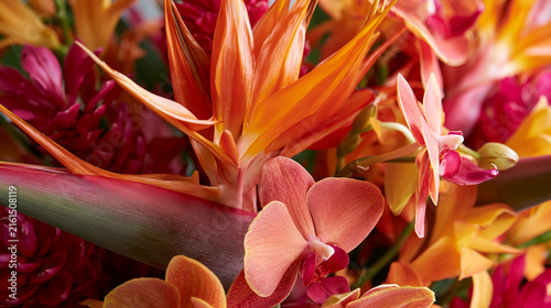 Orange Bird of Paradise and Pink Orchids Form a Tropical Bouquet