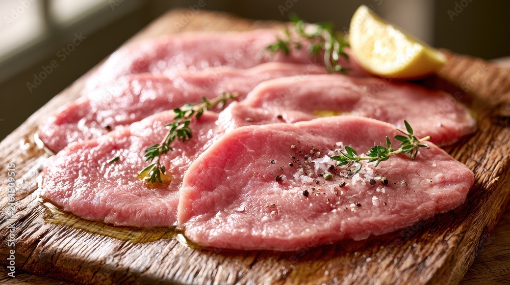 Fototapeta premium Close-up of fresh raw veal slices ready to cook on a kitchen board