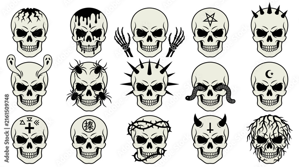 Fototapeta premium Set of 15 Gothic Skull Icons and Occult Illustrations for Tattoos and Halloween