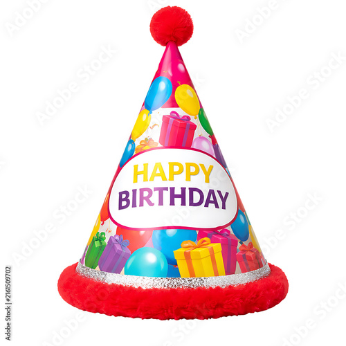 Colorful Happy Birthday Party Hat with Balloons and Gift Boxes Isolated on Transparent Background