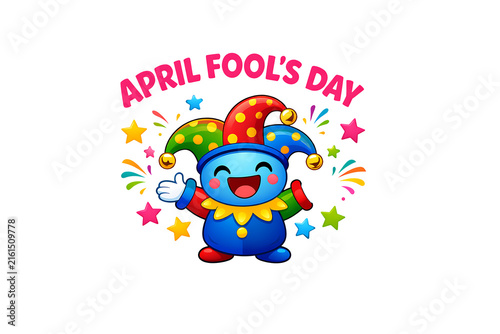 Colorful Happy Jester Character with April Fool’s Day Text Isolated on Transparent Background