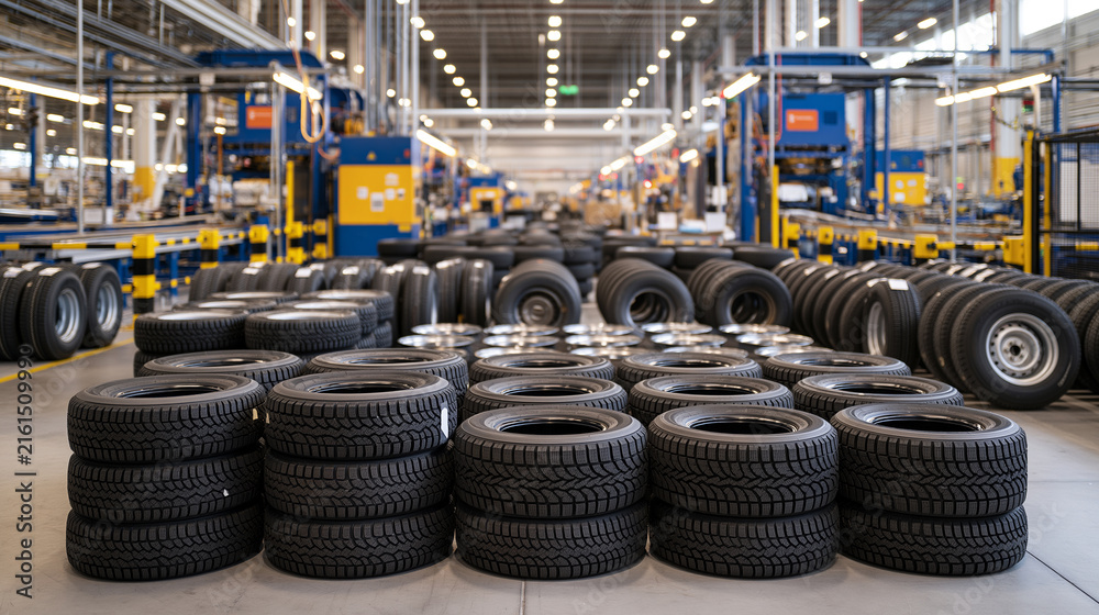 Fototapeta premium Modern Tire Manufacturing Floor with Organized Rubber Products and Machinery