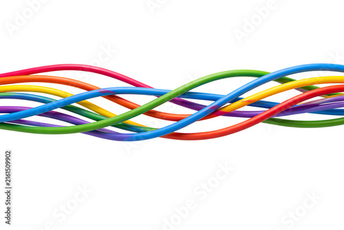 Colorful intertwined wavy cables forming an abstract flowing wave isolated on transparent background