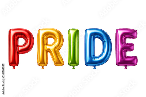 Colorful Metallic Foil Balloon Letters Spelling Pride Isolated on Transparent Background