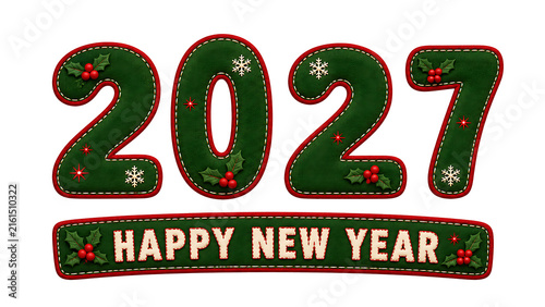 Festive 2027 Happy New Year greeting with decorated numbers, holly and snowflakes isolated on transparent background