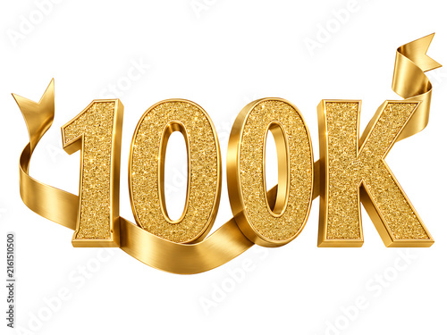 Golden 100K milestone number with sparkling texture and flowing ribbon isolated on transparent background