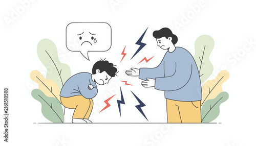 Distressing scene of an angry parent shouting at a sad child who is crouching with a frown and lightning symbols.