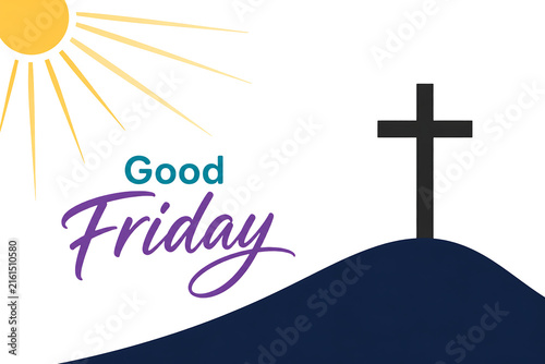 Good Friday religious greeting with cross, rising sun, and decorative lettering isolated on transparent background