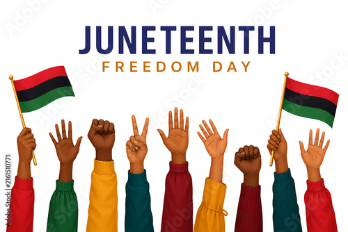 Juneteenth Freedom Day celebration with diverse raised hands and flags isolated on transparent background