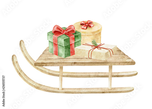 Watercolor Christmas illustration of wooden sleds carrying green, yellow and beige gift boxes with red bows, suitable for children cards, nursery decor, invitations, wrapping and crafts.