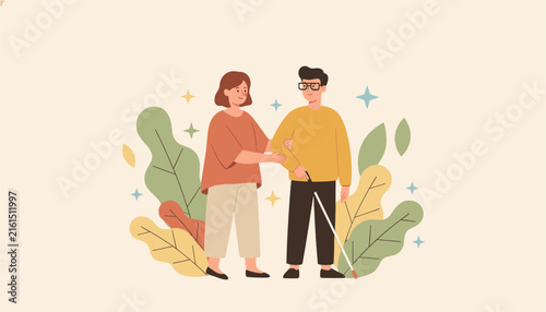 Kind woman supports a blind man as he walks with a white cane through a garden filled with vibrant autumn leaves.