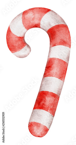 Watercolor Christmas illustration of a red and white striped candy cane, suitable for holiday cards, children's stationery, nursery decor, invitations, wrapping, posters and crafts.