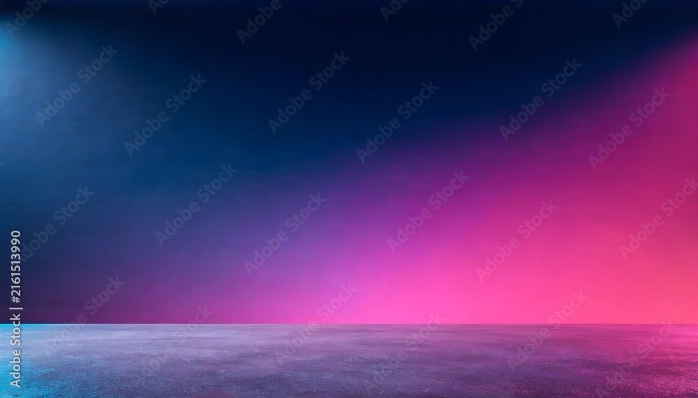 Fototapeta premium Abstract neon dark studio background with empty dark blue purple floor and pink cyan light stage smoke mist, cyber tech product display podium showcase backdrop graphic asset, Generative AI