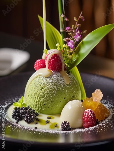 Exquisite matcha dessert garnished with fresh berries and exotic flowers