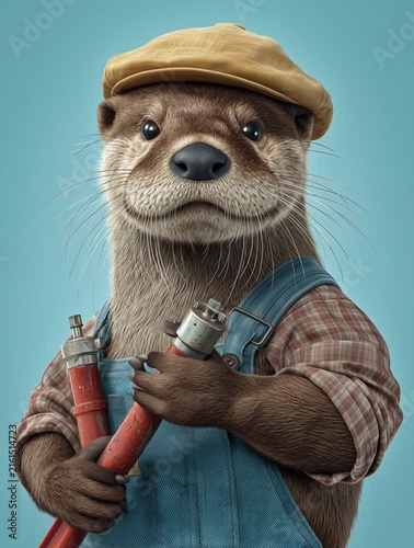 Otter wearing overalls and cap holding tools for work