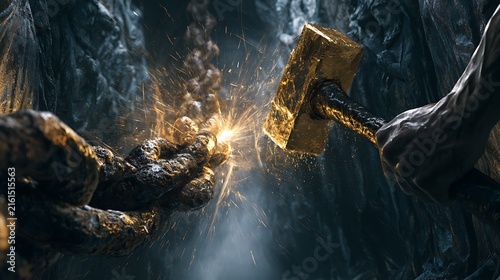 136. A conceptual metaphor for breaking a generational curse. A person using a golden hammer to shatter an ancient, rusted chain that stretches back into a long, dark tunnel of stone statues, 