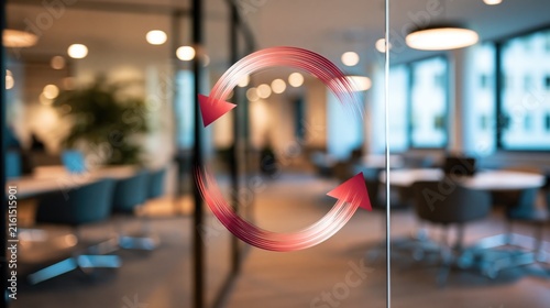 Feedback arrows on glass show loop in office with blurred room warm lights desks chairs windows and reflections for customer experience improvement and business review.