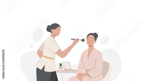 Professional makeup artist applying cosmetics to a female client in salon setting for beauty treatment and high-end skincare services at spa.