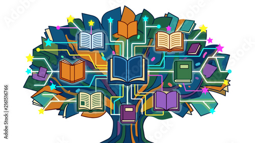 Glowing tree made of book pages with colorful light connections and educational symbols on dark background, concept of knowledge growth and learning evolution