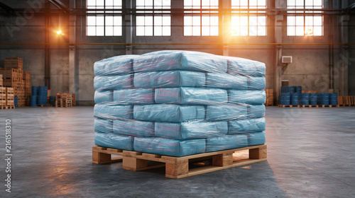 Stack of blue bags on a wooden pallet wrapped with transparent plastic in storage facility.