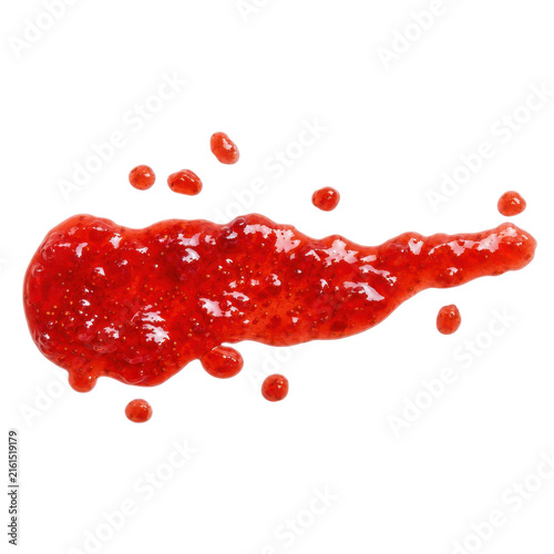 Foto Vibrant red strawberry jam spread with small seeds and glistening droplets isola