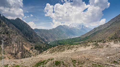 Scenic summer landscape view of rural Rupal valley with Chongra glacier in foreground, Astore, Gilgit-Baltistan, Pakistan