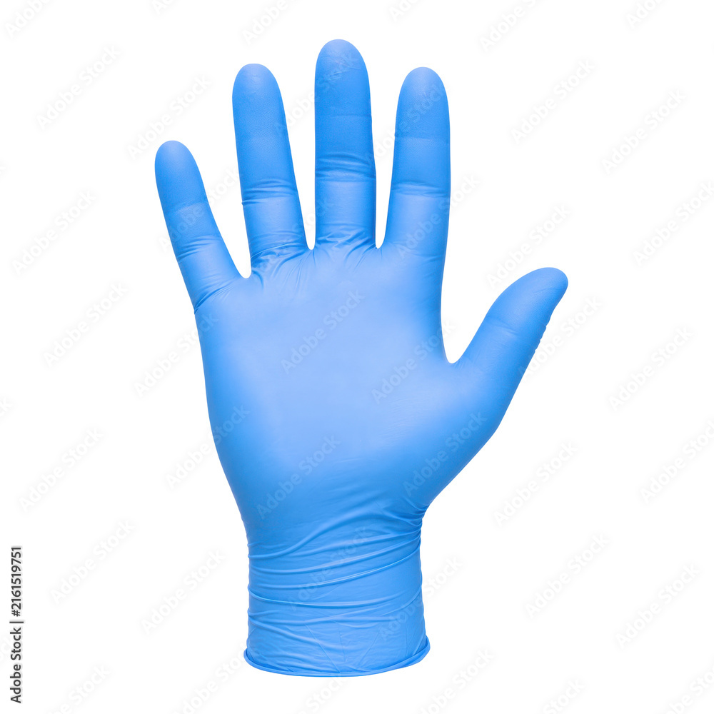 Fototapeta premium Single light blue disposable medical glove is shown with an open palm gesture, isolated on a clean white background
