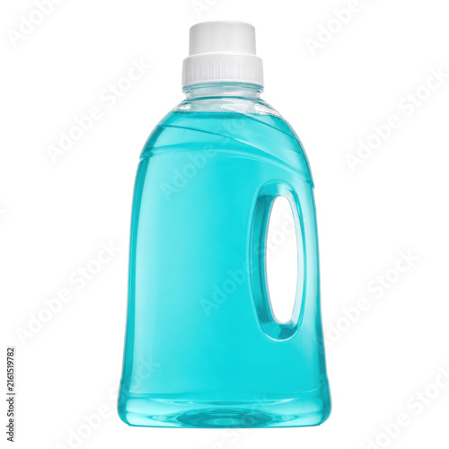 Foto Clear plastic bottle filled with bright blue liquid detergent and a white cap, i