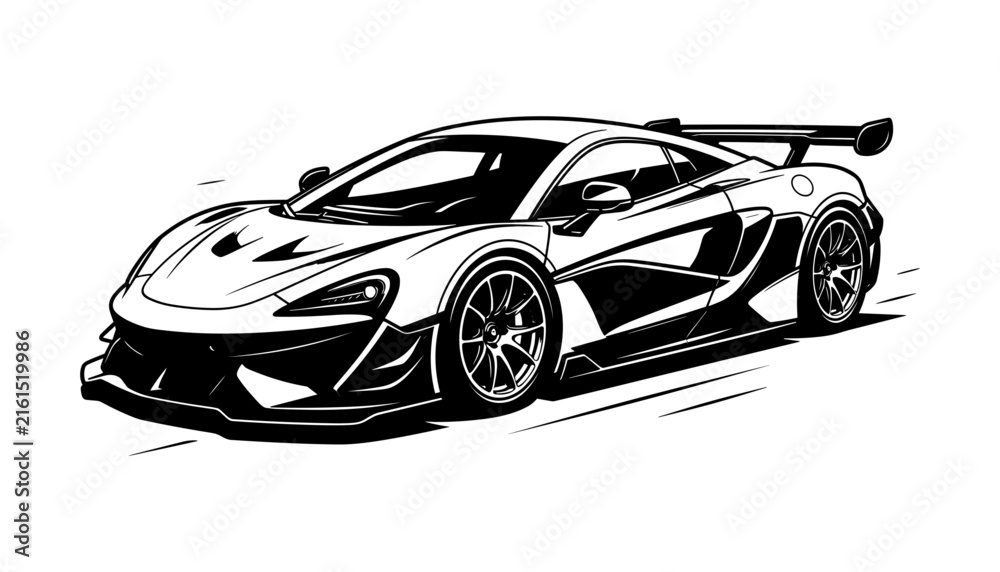 Naklejka premium Futuristic sports car line art illustration featuring aerodynamic body, racing spoiler, alloy wheels, dynamic motion lines, and high performance design.