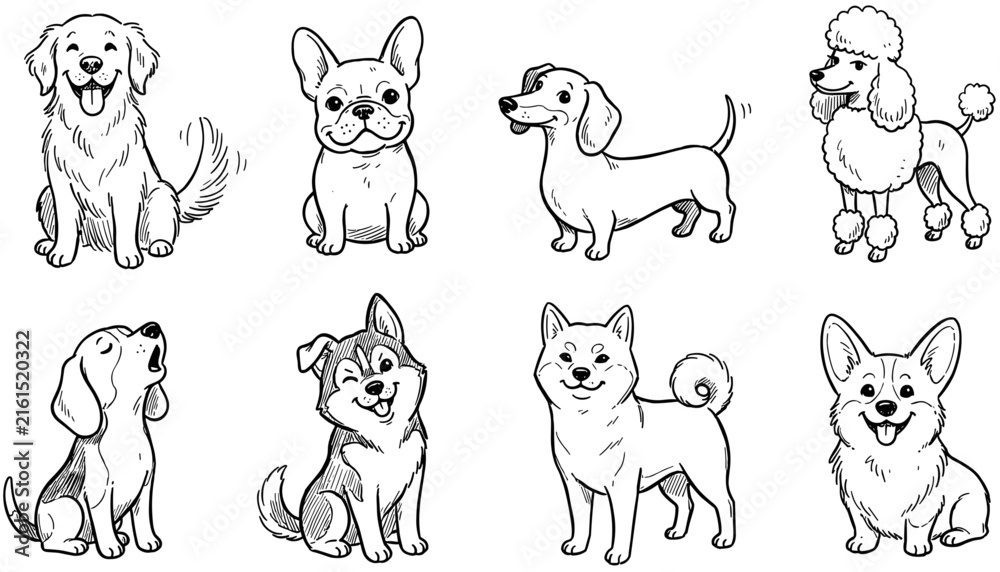 Obraz premium Cute pet animal illustration collection featuring dogs and cats in different breeds, poses, sitting positions, and playful line art
