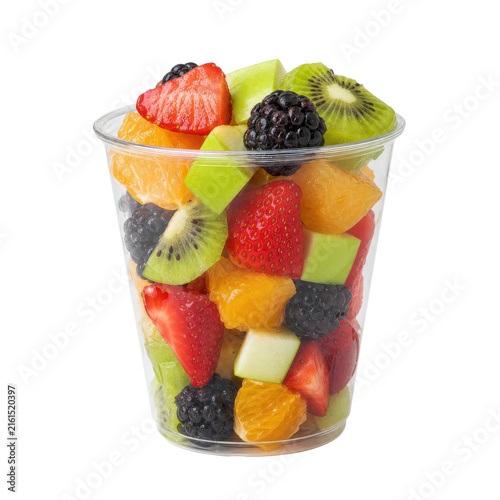 Canvastavla Fresh colorful fruit salad with strawberries, kiwi, and oranges in a clear plast
