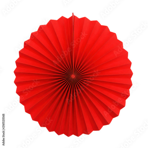 Canvas Print Vibrant red paper fan decoration, meticulously folded into a circular shape, sta
