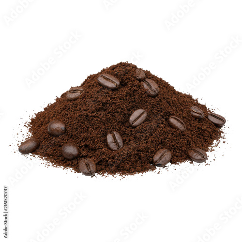 Bild auf Leinwand Small pile of dark brown coffee grounds with several whole roasted beans scatter